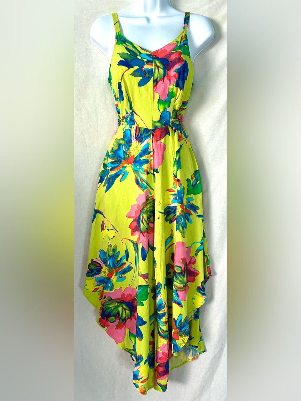 MSK Lime Green Multicolor Floral Tie Back Asymmetrical Wide Leg Jumpsuit, Size S